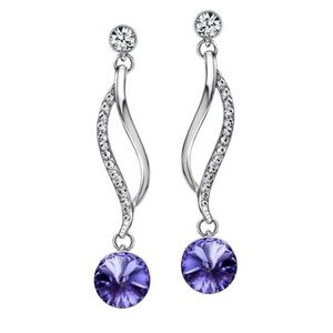Rhodium Plated Swirl Drop Stud Earrings with Tanzanite Crystals
